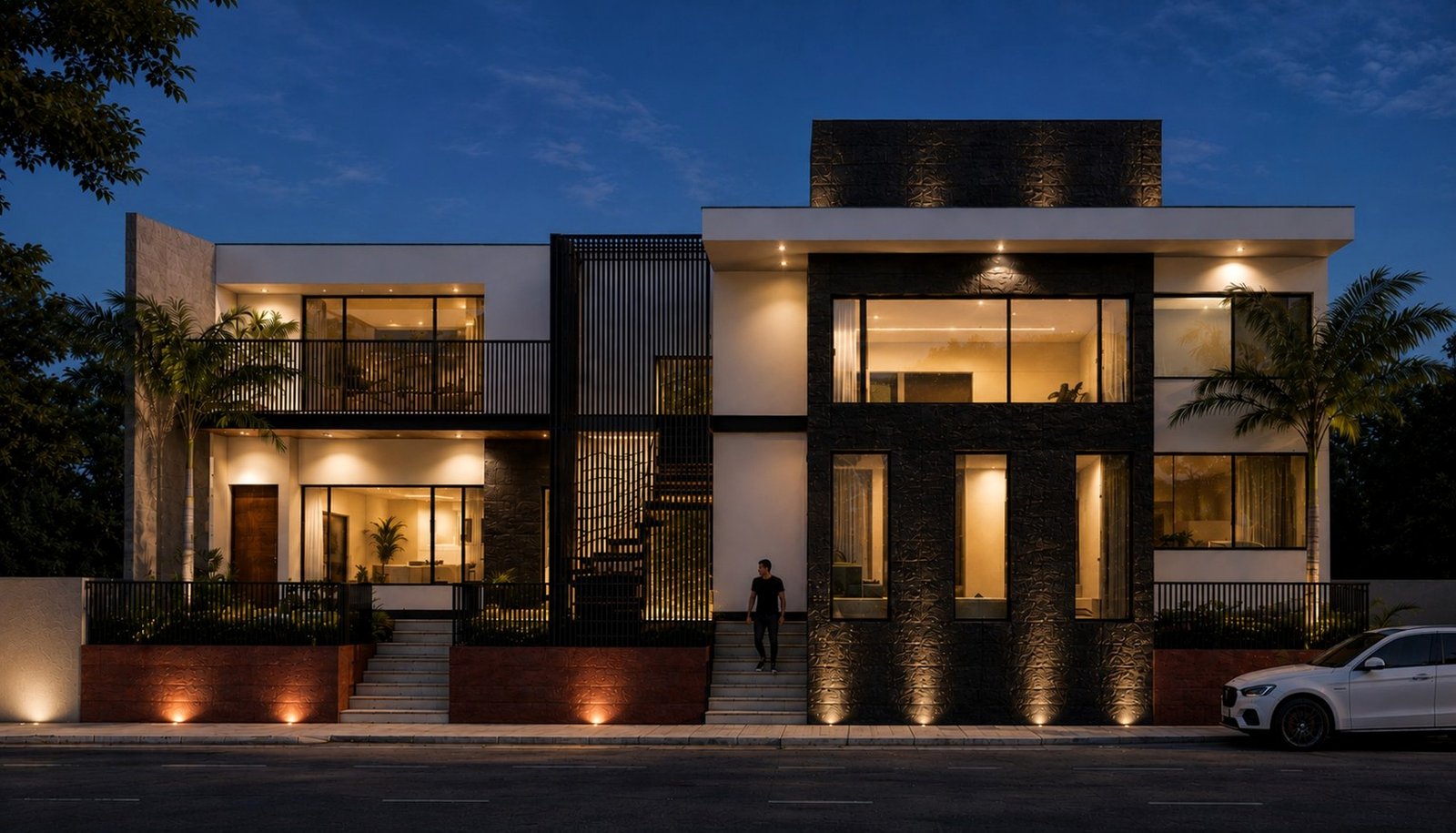 Fachada residencial nocturna